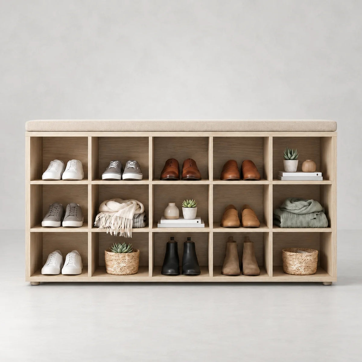 Banc à chaussures en bois beige avec coussin beige et quinze niches ouvertes sur fond gris