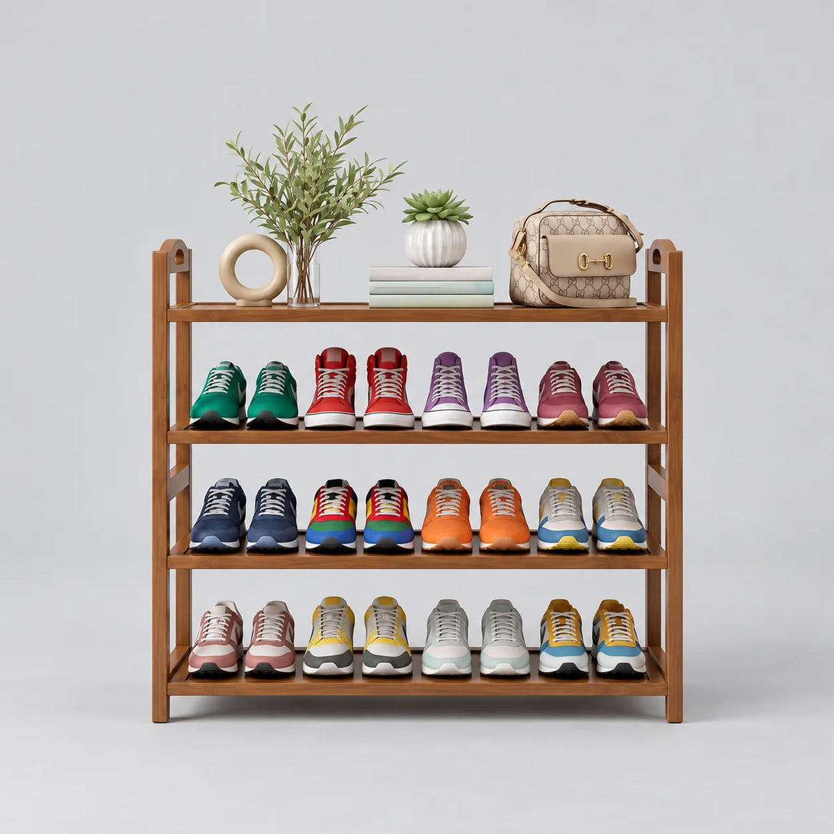 Étagère à chaussures ouverte en bambou marron à quatre niveaux, dont trois rangées de chaussures, sur fond gris Image