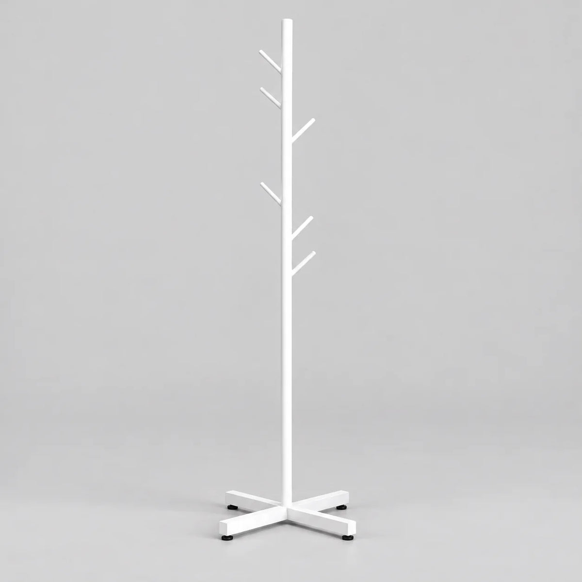 Porte-manteau arbre blanc à patères inclinées et base croisée blanche sur fond gris