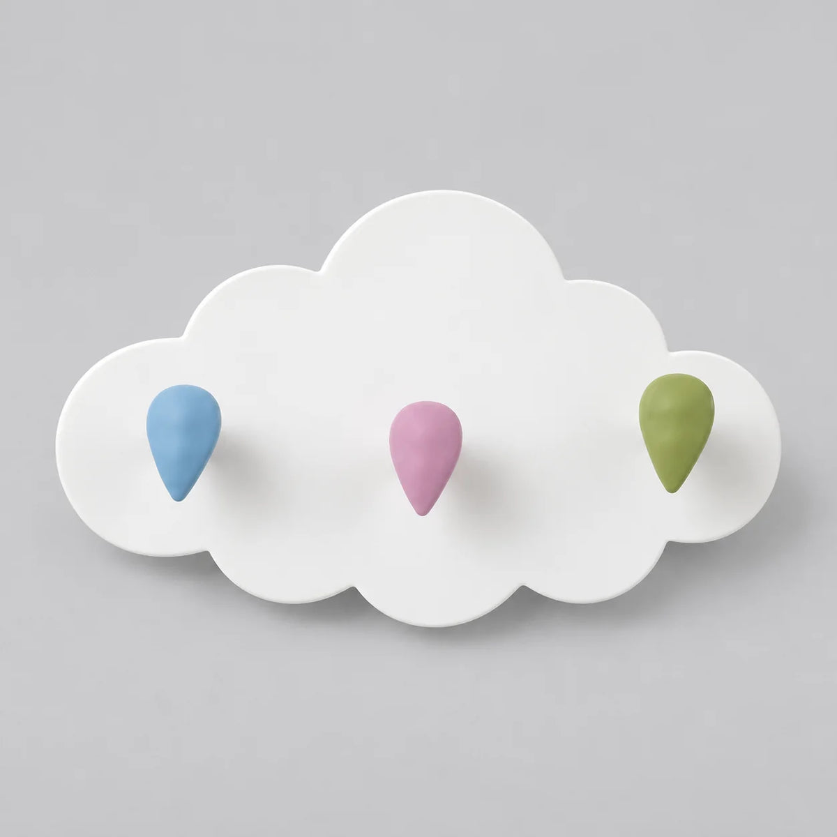 Porte-manteau enfant Nuage blanc, trois patères goutte bleu rose vert, sur fond gris