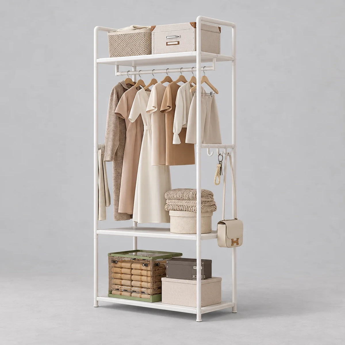 Porte-manteau meuble à chaussures blanc sans roulettes, vue complète sur fond gris