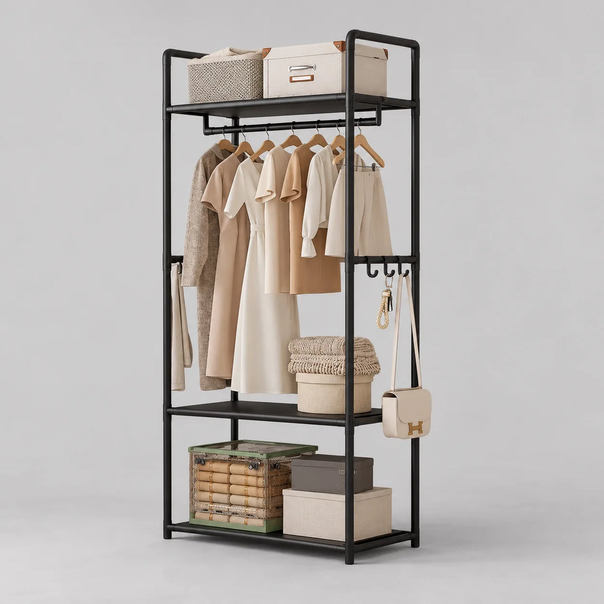 Porte-manteau meuble à chaussures noir sans roulettes, vue complète sur fond gris