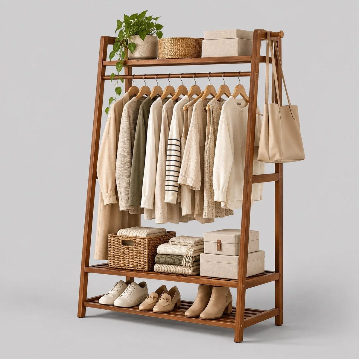 Porte-manteau meuble à chaussures dressing en bois avec penderie et étagères Image