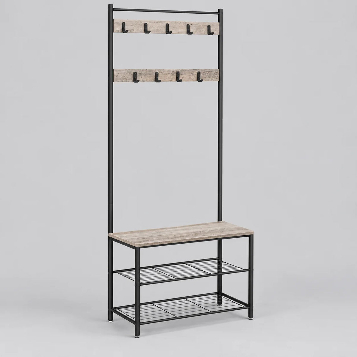 Meuble d’entrée beige et noir avec porte-manteau et rangement chaussures sur fond gris