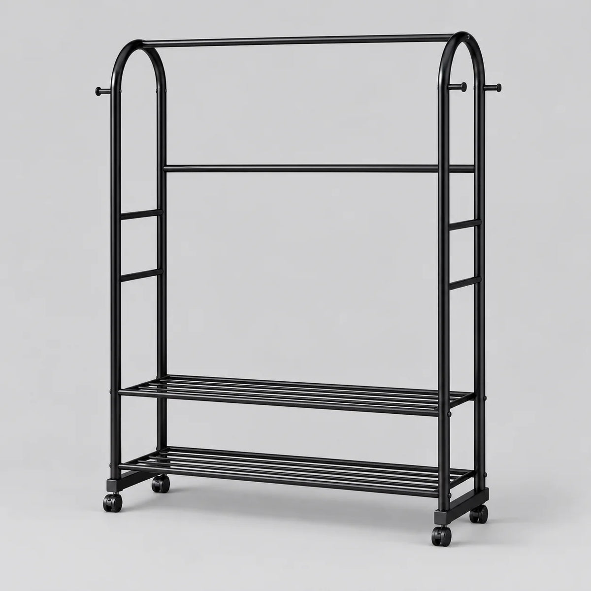 Portant noir Luxe de 100 cm avec deux étagères à chaussures et roulettes sur fond gris