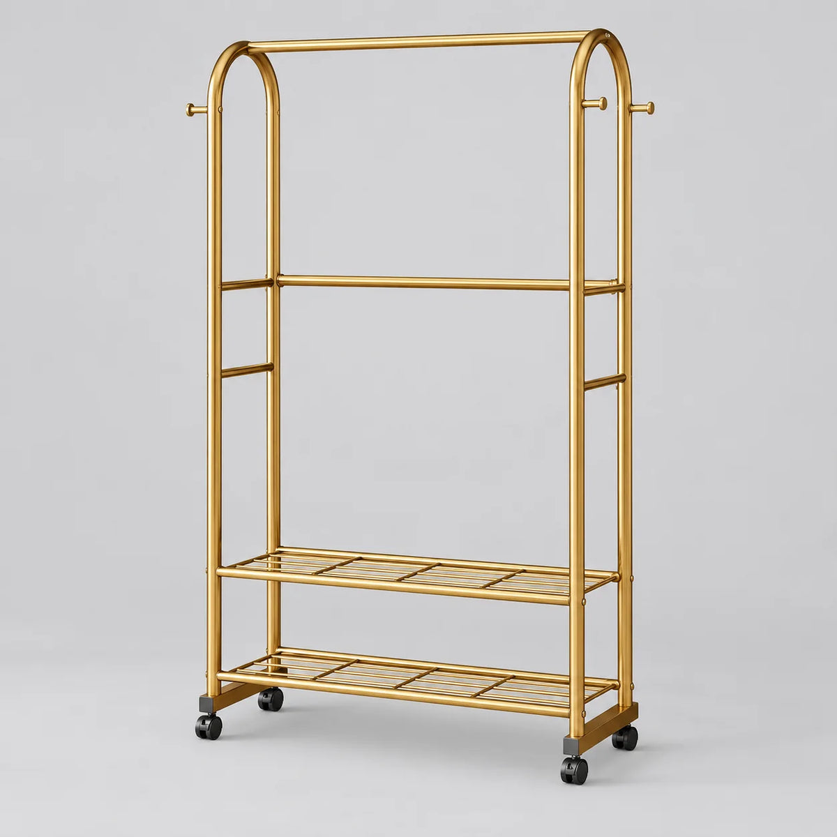 Petit portant doré Luxe de 60 cm avec deux étagères et roulettes, sur fond gris Image
