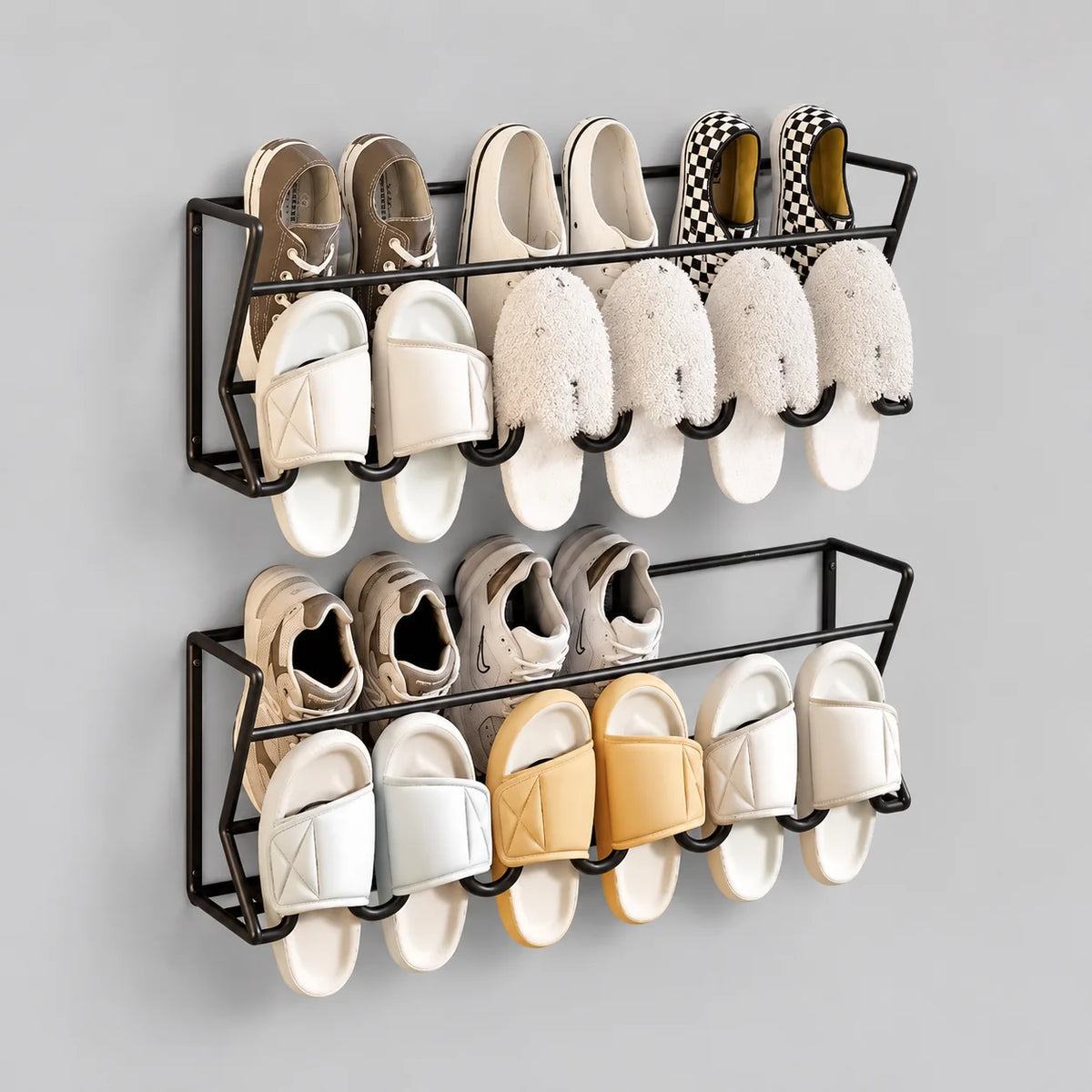Lot de deux rangements à chaussures muraux noirs sur fond gris