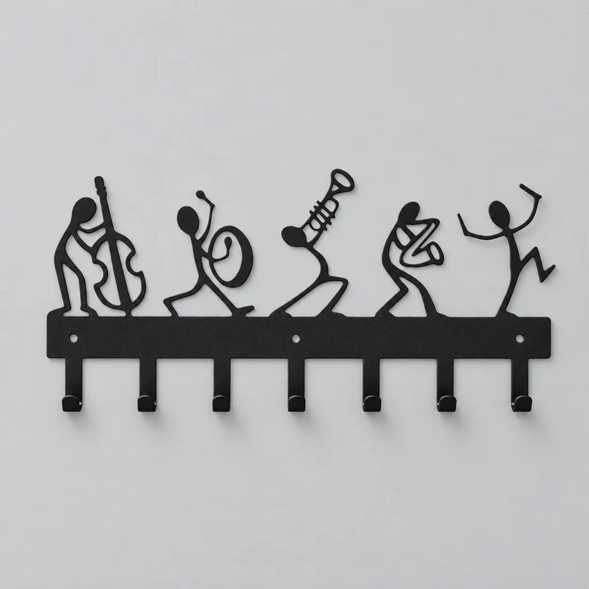 Porte-manteau mural noir à cinq musiciens et sept crochets, sur fond gris