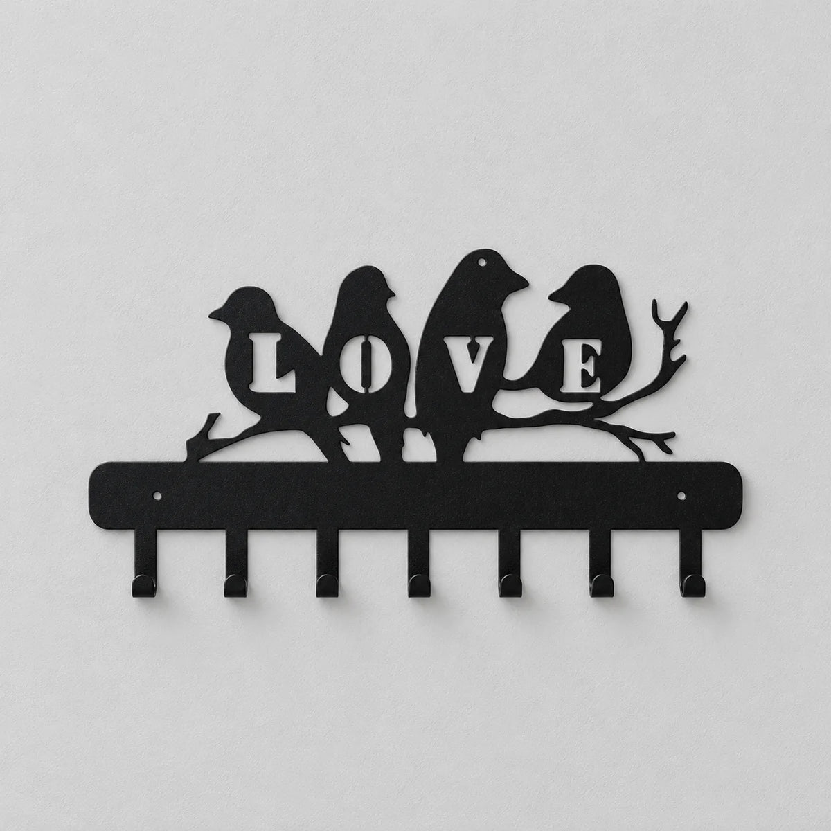 Porte-manteau mural LOVE noir en fer, quatre oiseaux et sept crochets sur fond gris