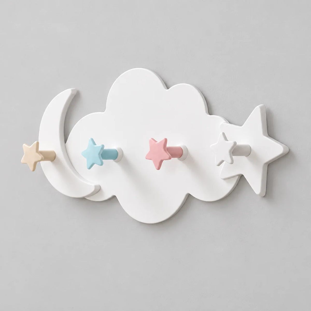 Porte-manteau mural Nuage blanc à quatre patères étoile en relief sur fond gris