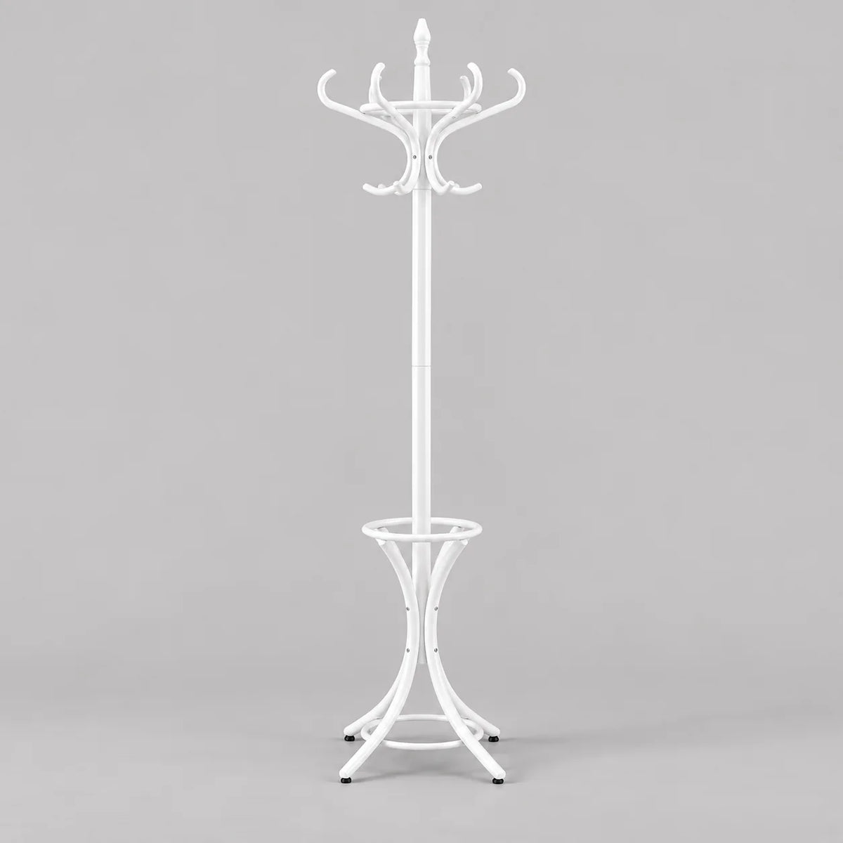 Porte-manteau perroquet blanc de face sur fond gris, avec crochets courbés et porte-parapluies