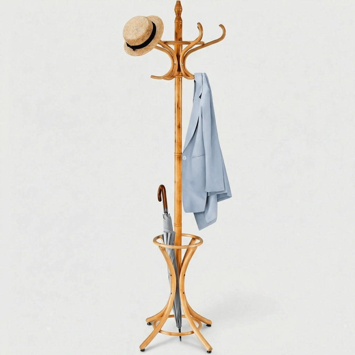 Porte-manteau perroquet en bois clair, vue de face avec crochets courbés et porte-parapluies