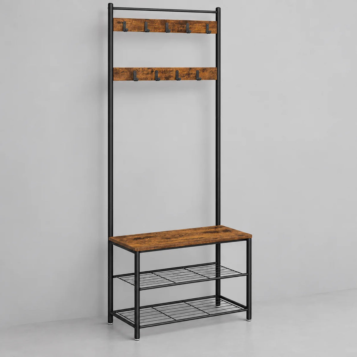 Porte-manteau banc à chaussures noir et bois brun foncé, vue entière sur fond gris