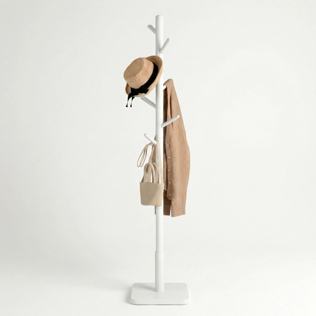 Porte-manteau arbre blanc sur pied, vue complète avec base carrée et huit crochets Image