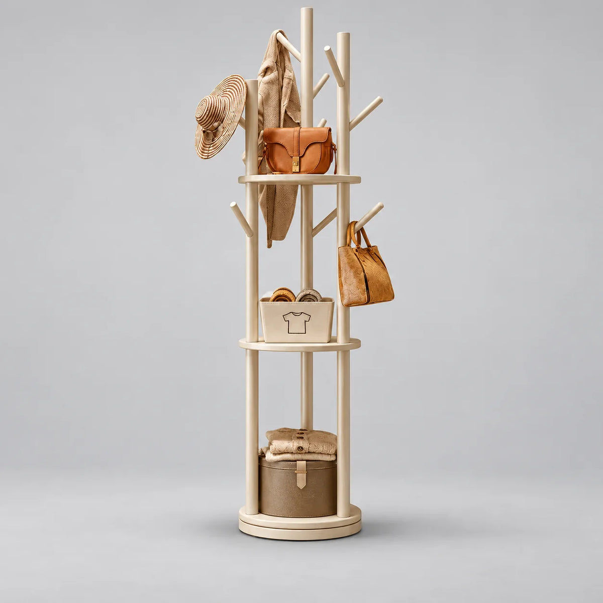 Porte-manteau sur pied blanc à branches, avec rangements et accessoires, sur fond gris Image
