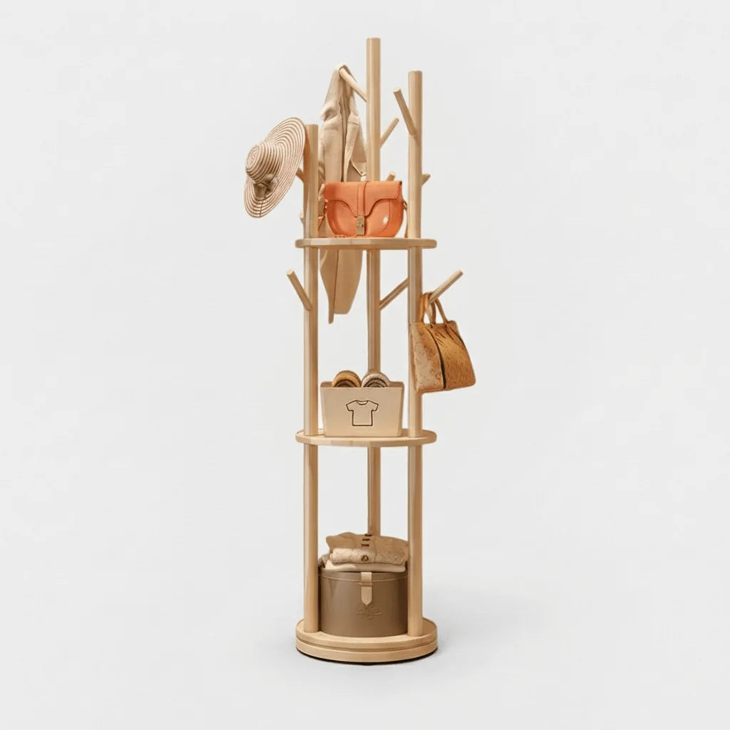 Porte-manteau sur pied en bois clair à branches et étagères rondes, vue complète