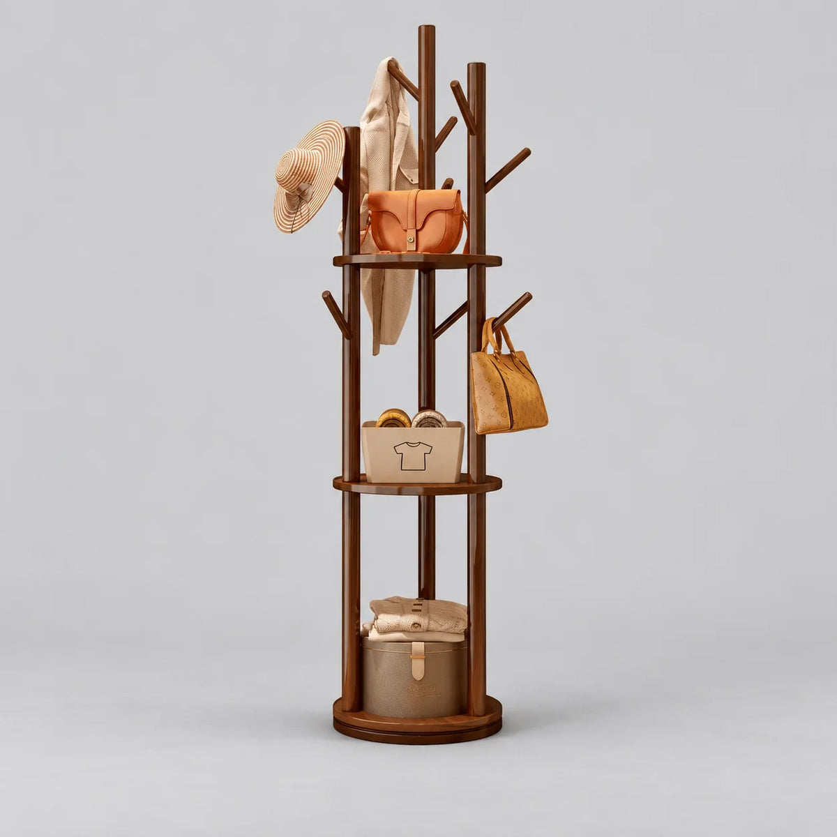 Porte-manteau sur pied grande branche en bois foncé, vue entière sur fond gris