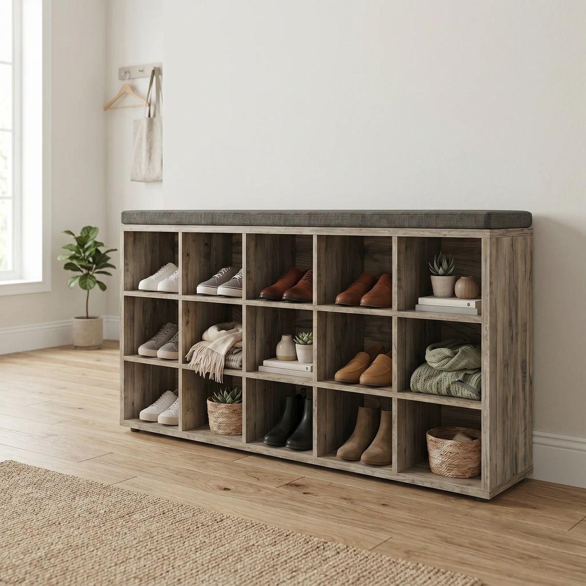Banc à chaussures à quinze niches et coussin gris dans un couloir lumineux Image