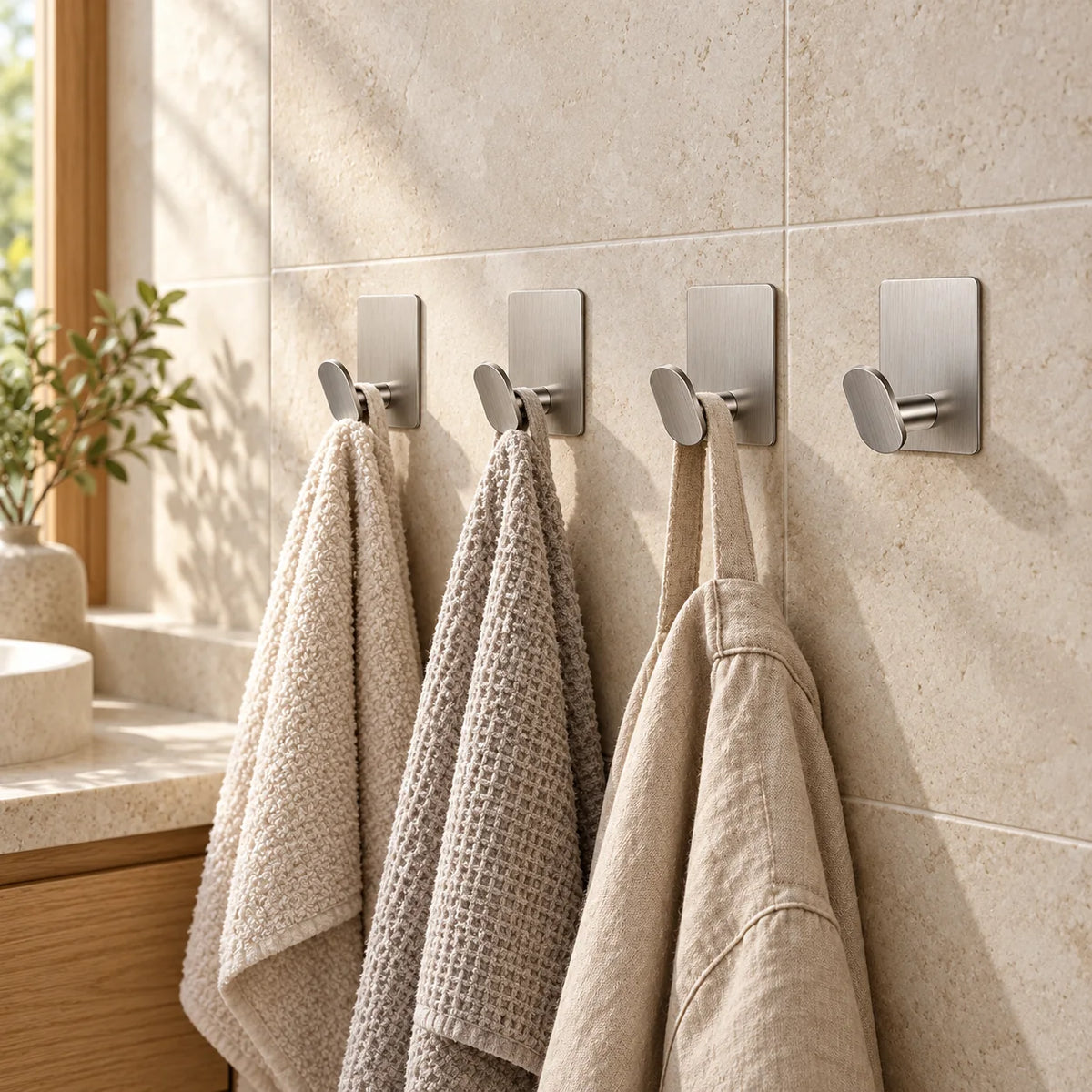 Quatre crochets argent installés dans une salle de bain avec serviettes et peignoir