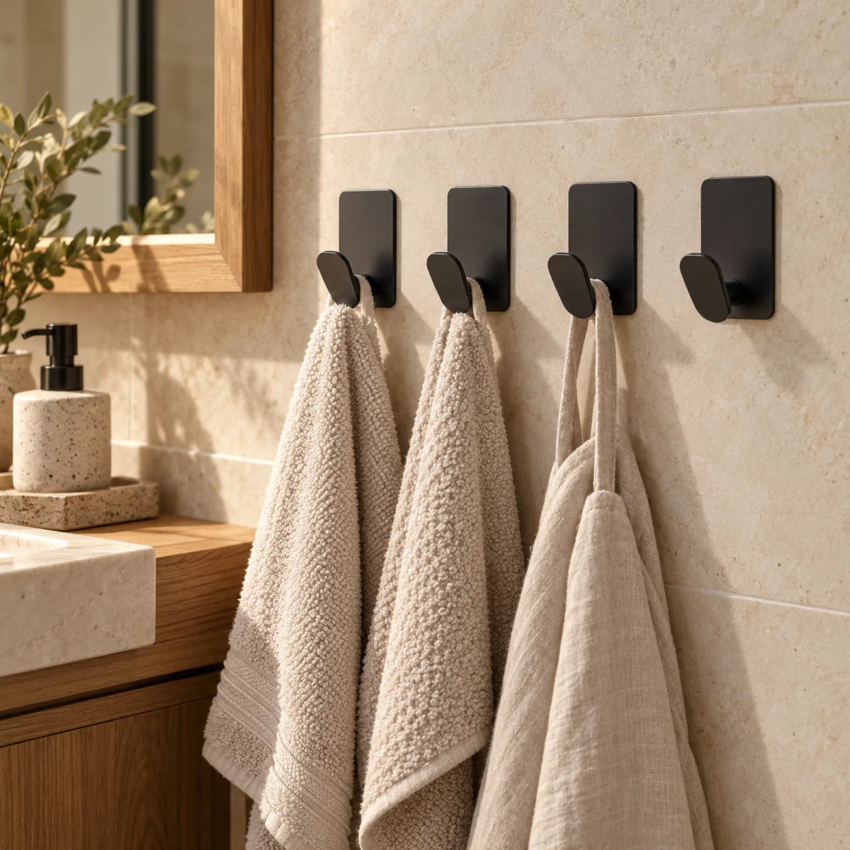 Quatre crochets noirs installés dans une salle de bain avec serviettes et peignoir