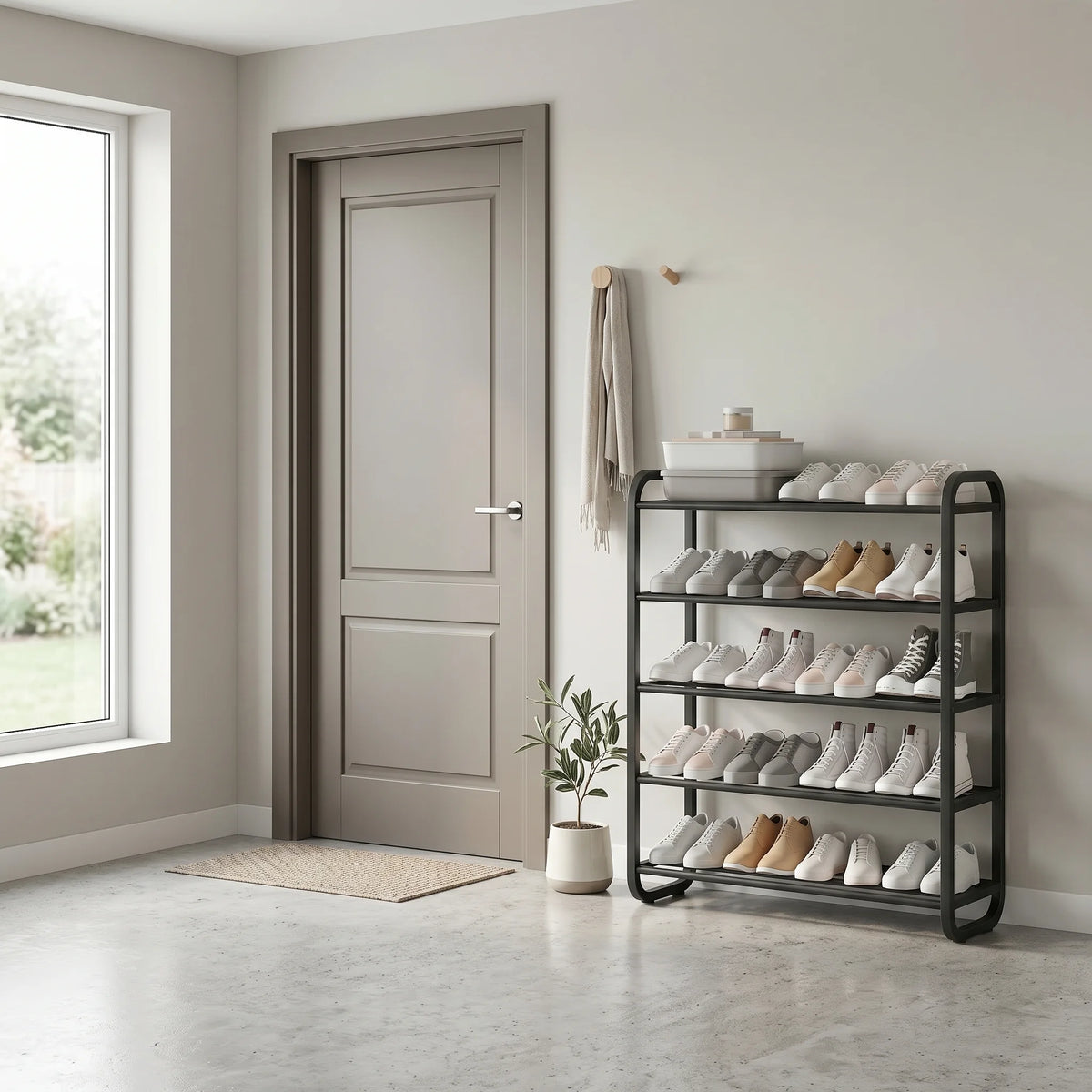 Étagère à chaussures noire à cinq niveaux près d’une porte dans une entrée lumineuse Image