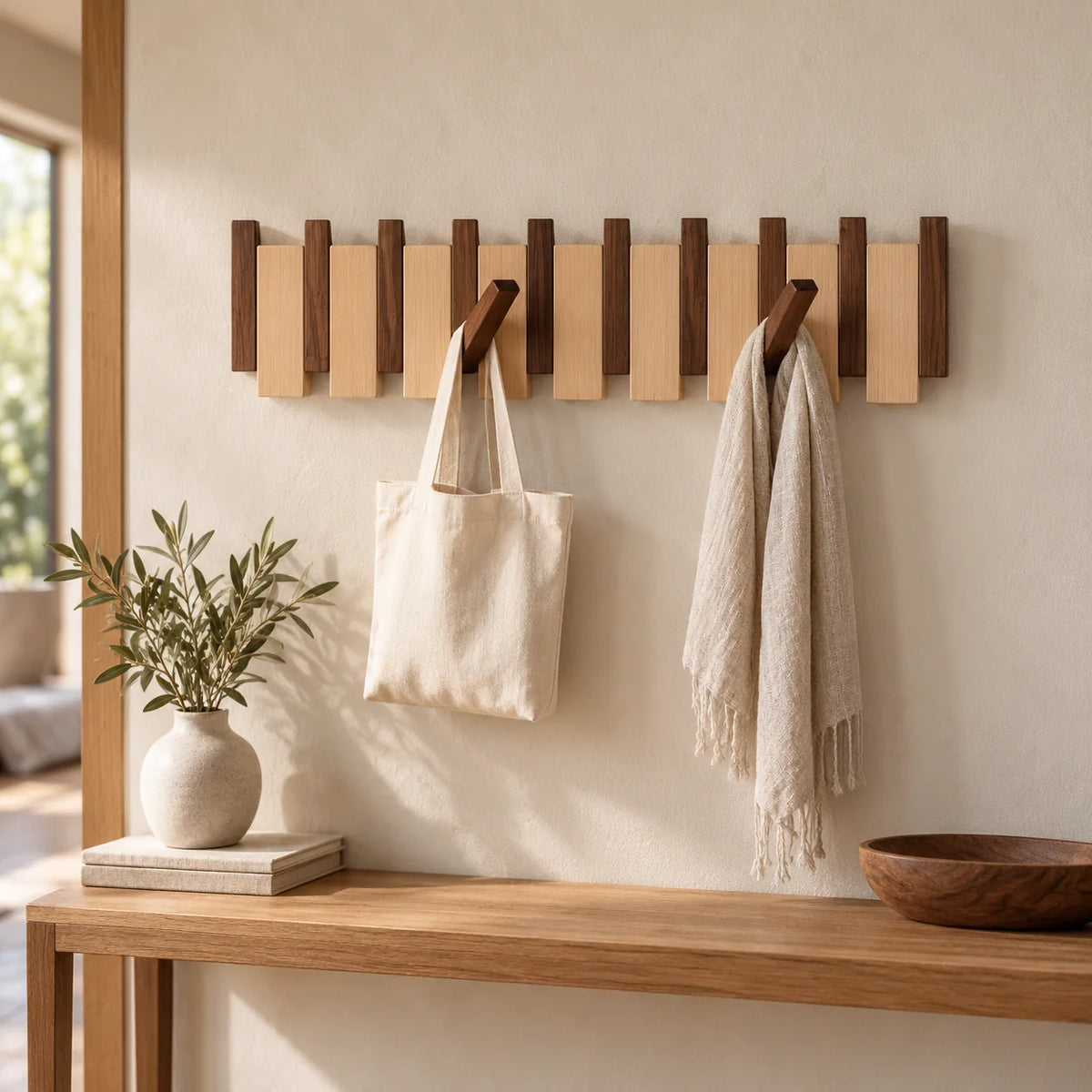 Grand porte-manteau mural en bois bicolore avec sac et foulard dans une entrée