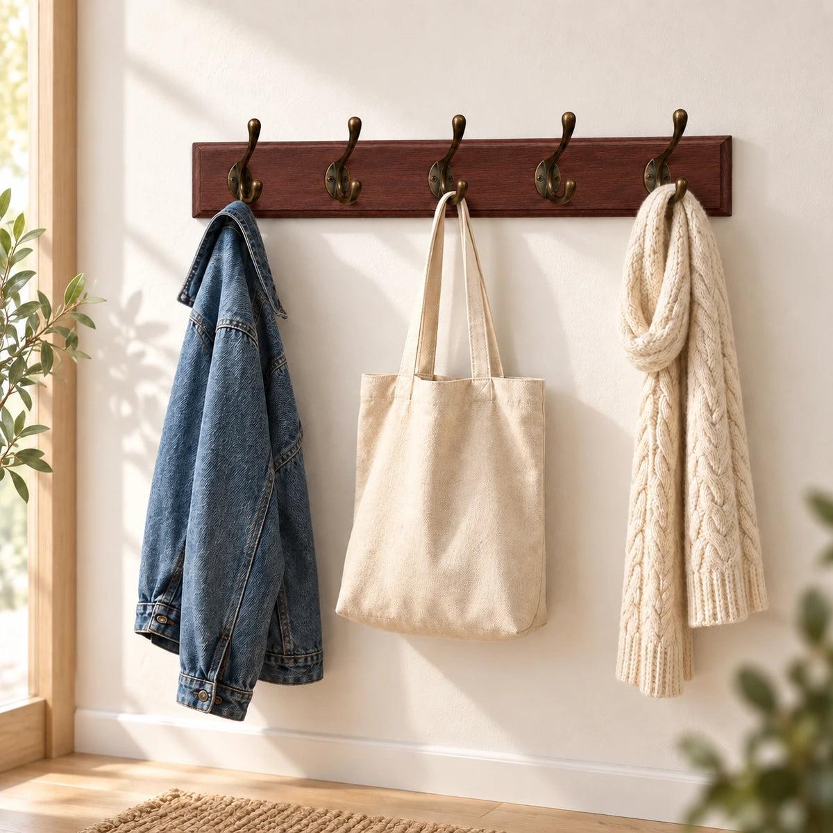 Porte Manteau entrée Ancien Grand Crochet bois près d'une fenêtre, avec veste en jean, tote bag et écharpe suspendus