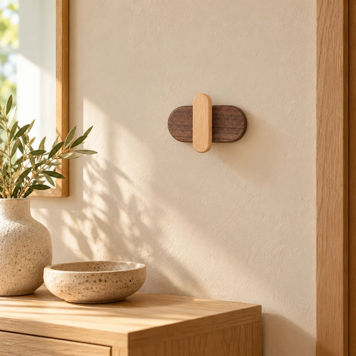 Patère capsule claire en bois foncé et clair installée dans une entrée lumineuse
