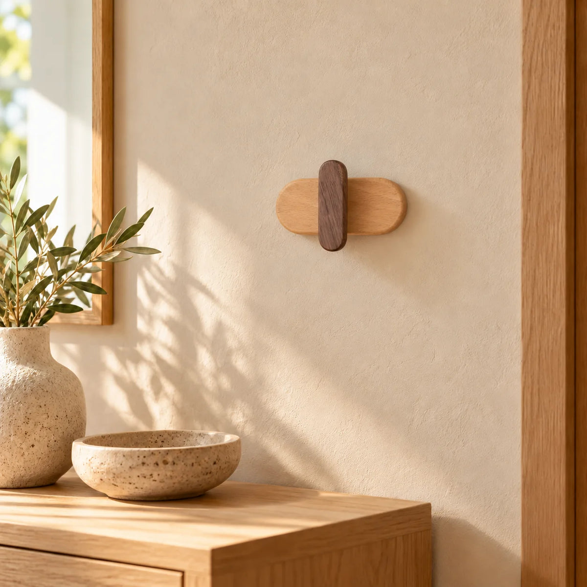 Patère capsule foncée en bois clair et foncé installée dans une entrée lumineuse