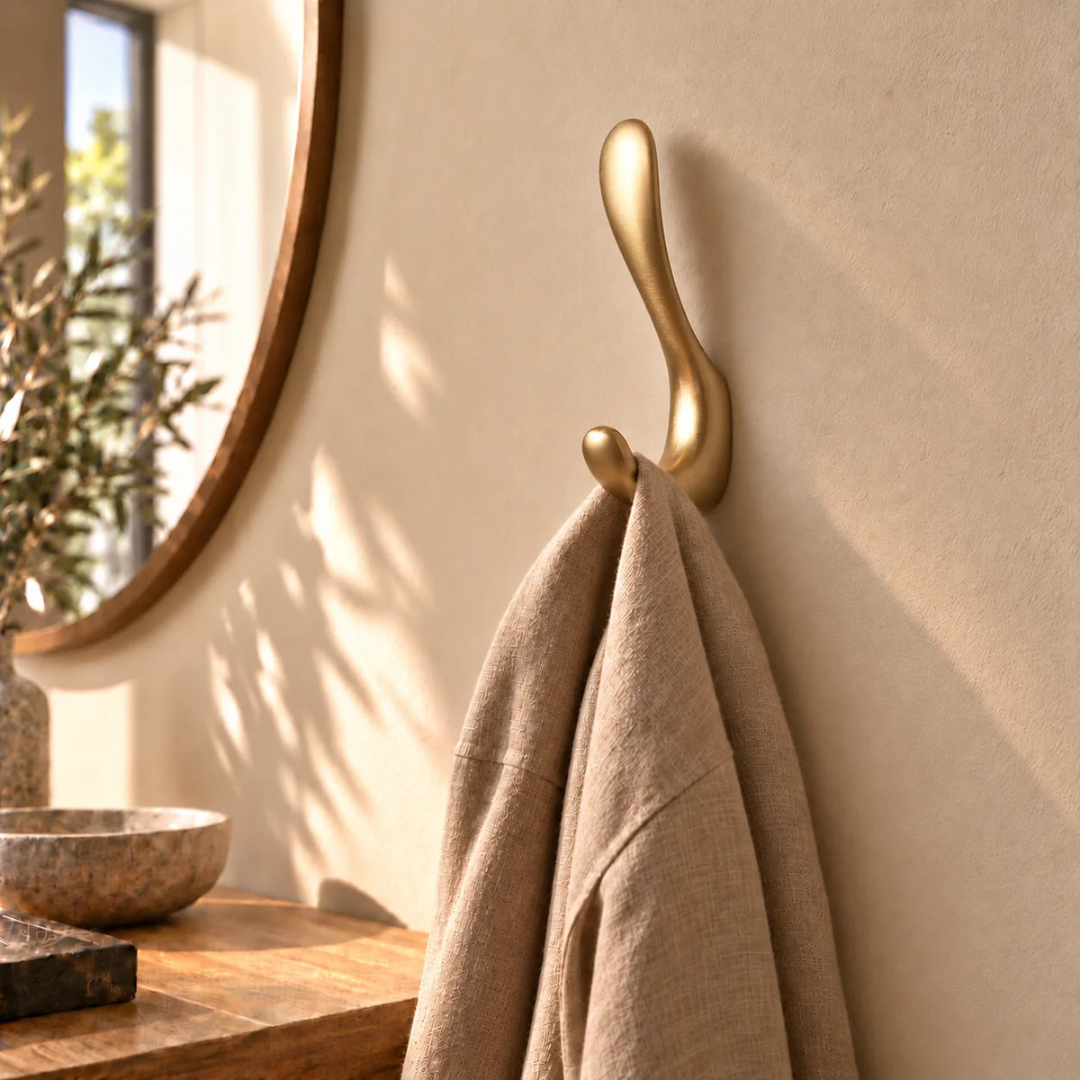 Patère crochet doré avec écharpe taupe suspendue dans une entrée Image