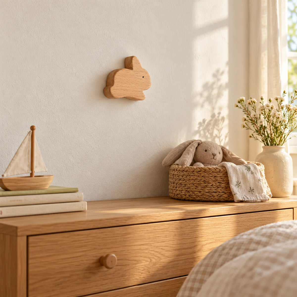 Patère lapin unique en bois naturel fixée au mur d’une chambre d’enfant