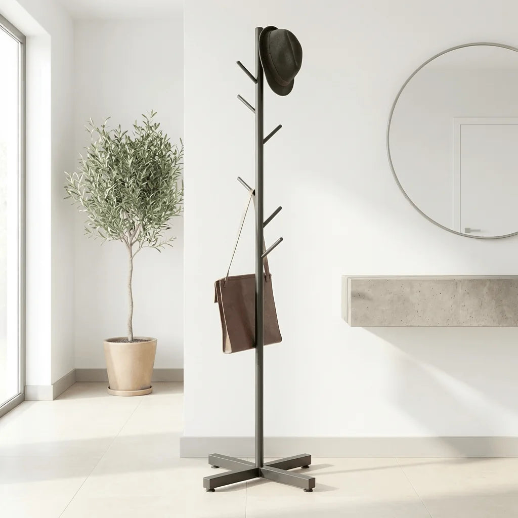 Porte-manteau arbre noir à base croisée dans une entrée claire, photo originale