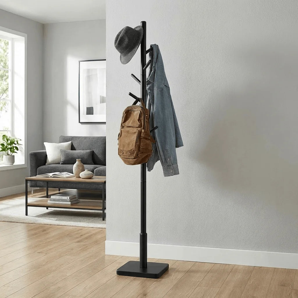 Porte-manteau arbre noir à base carrée dans un salon lumineux