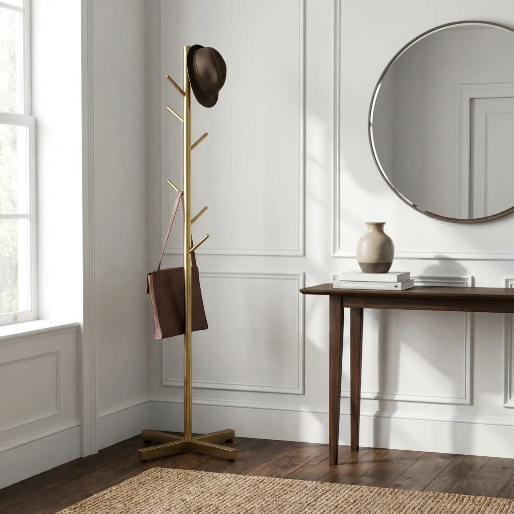 Porte-manteau arbre doré à base croisée dans une entrée claire, photo originale Image