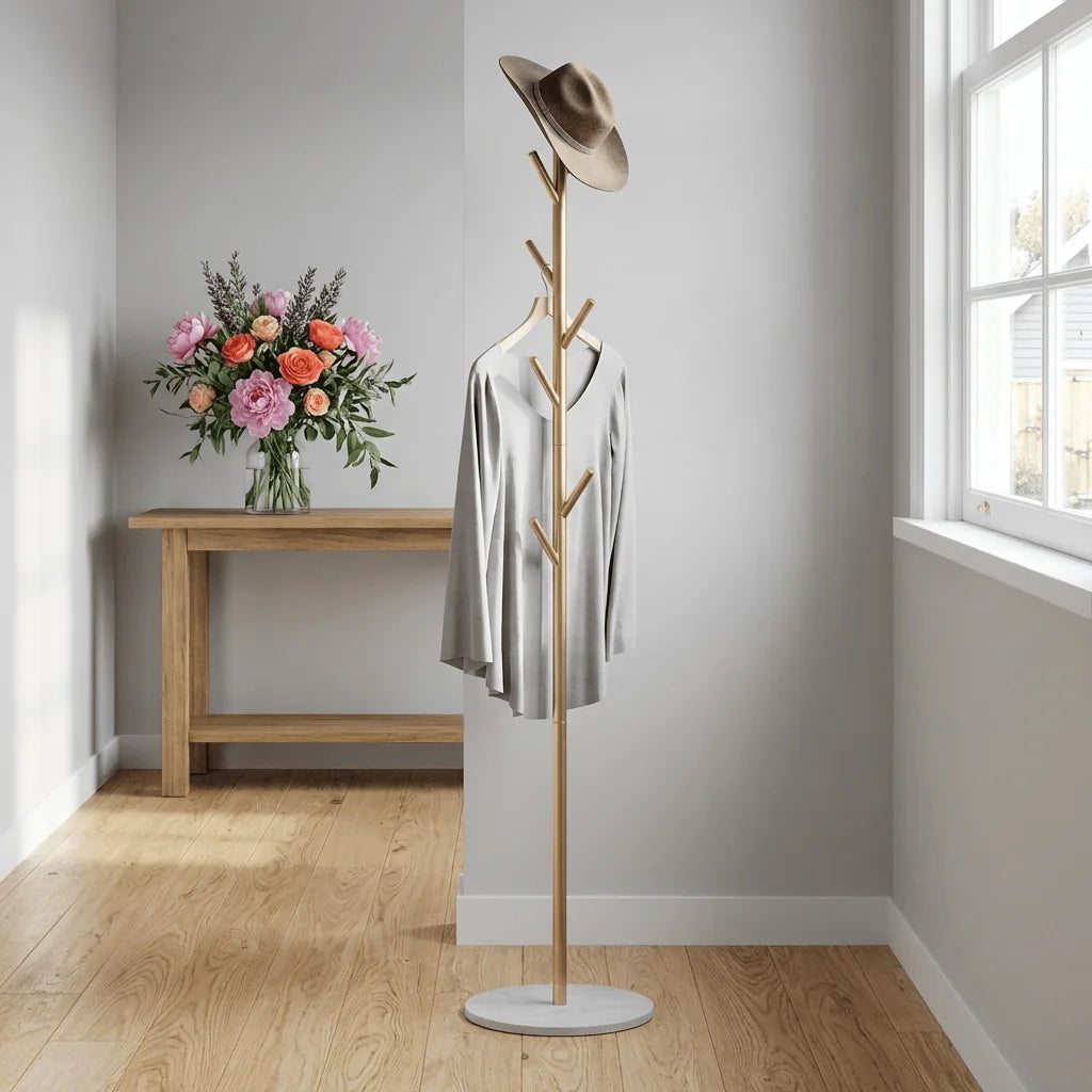 Porte-manteau arbre doré sur base blanche avec chapeau et vêtement gris dans une entrée Image