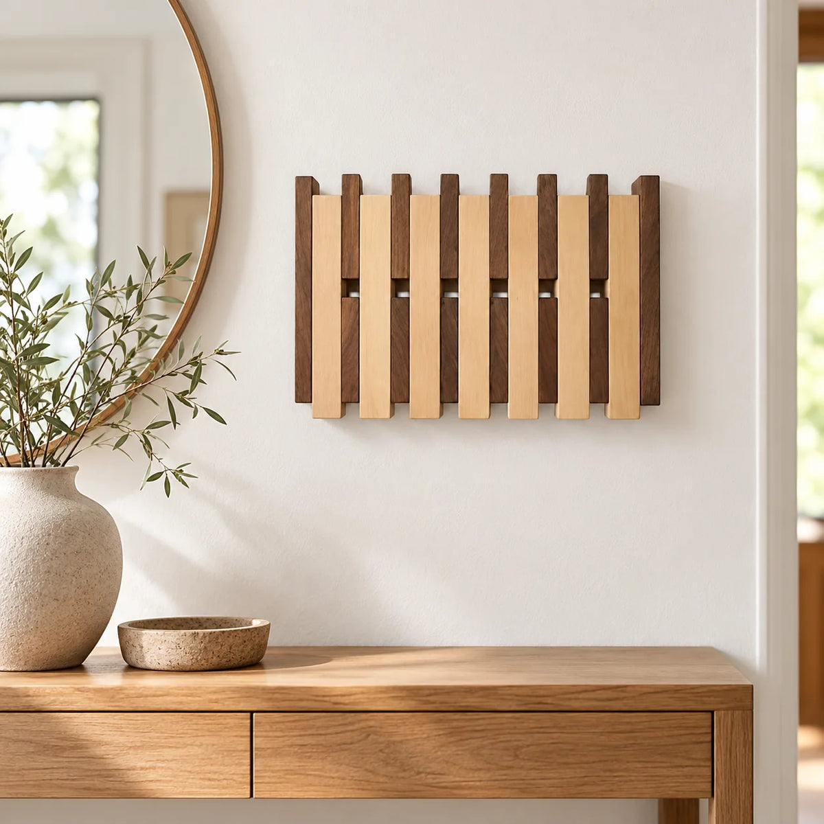 Grand porte-manteau mural bicolore de 42 cm installé au-dessus d’une console dans une entrée