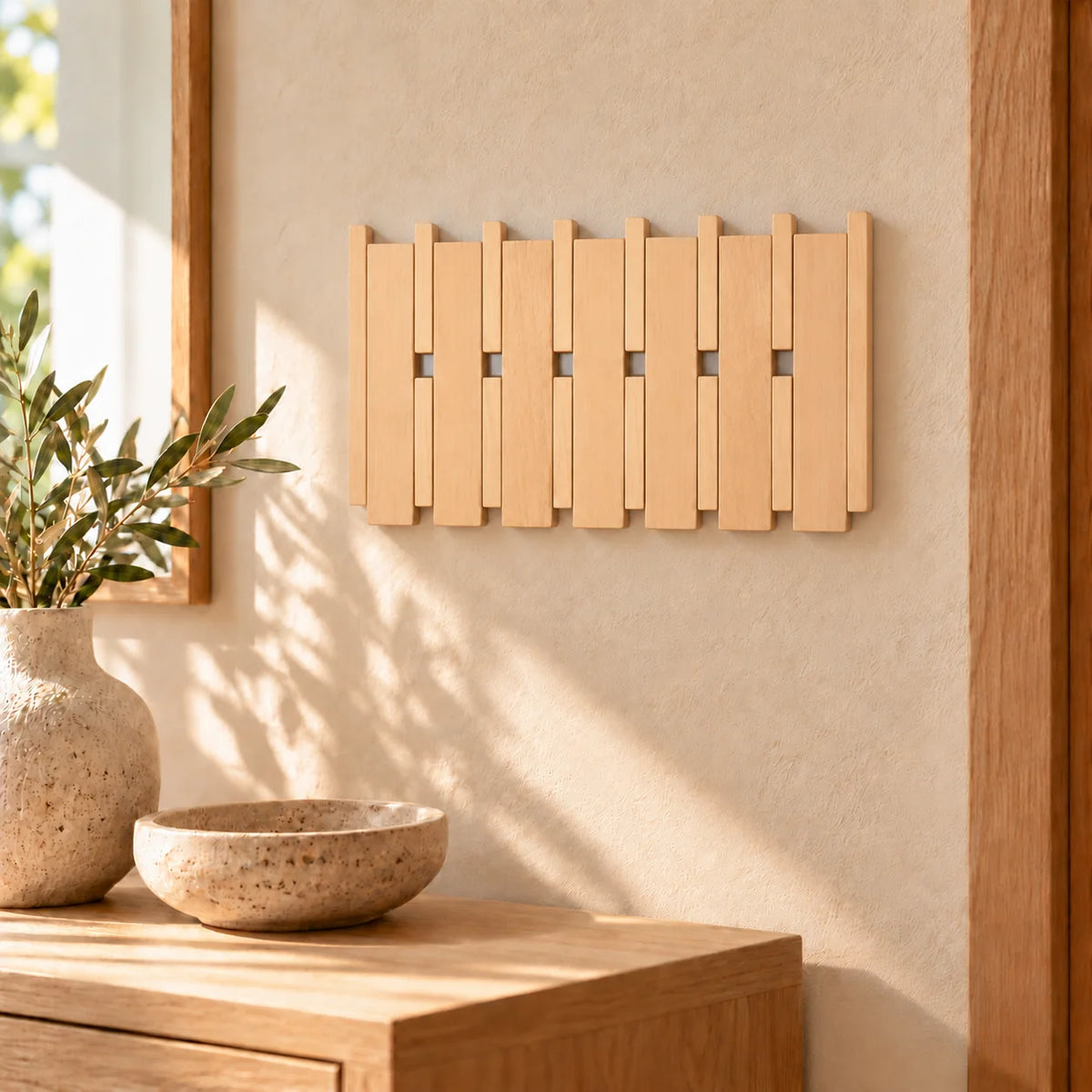 Porte-manteau mural en bois clair de 42 cm installé au-dessus d’une console dans une entrée