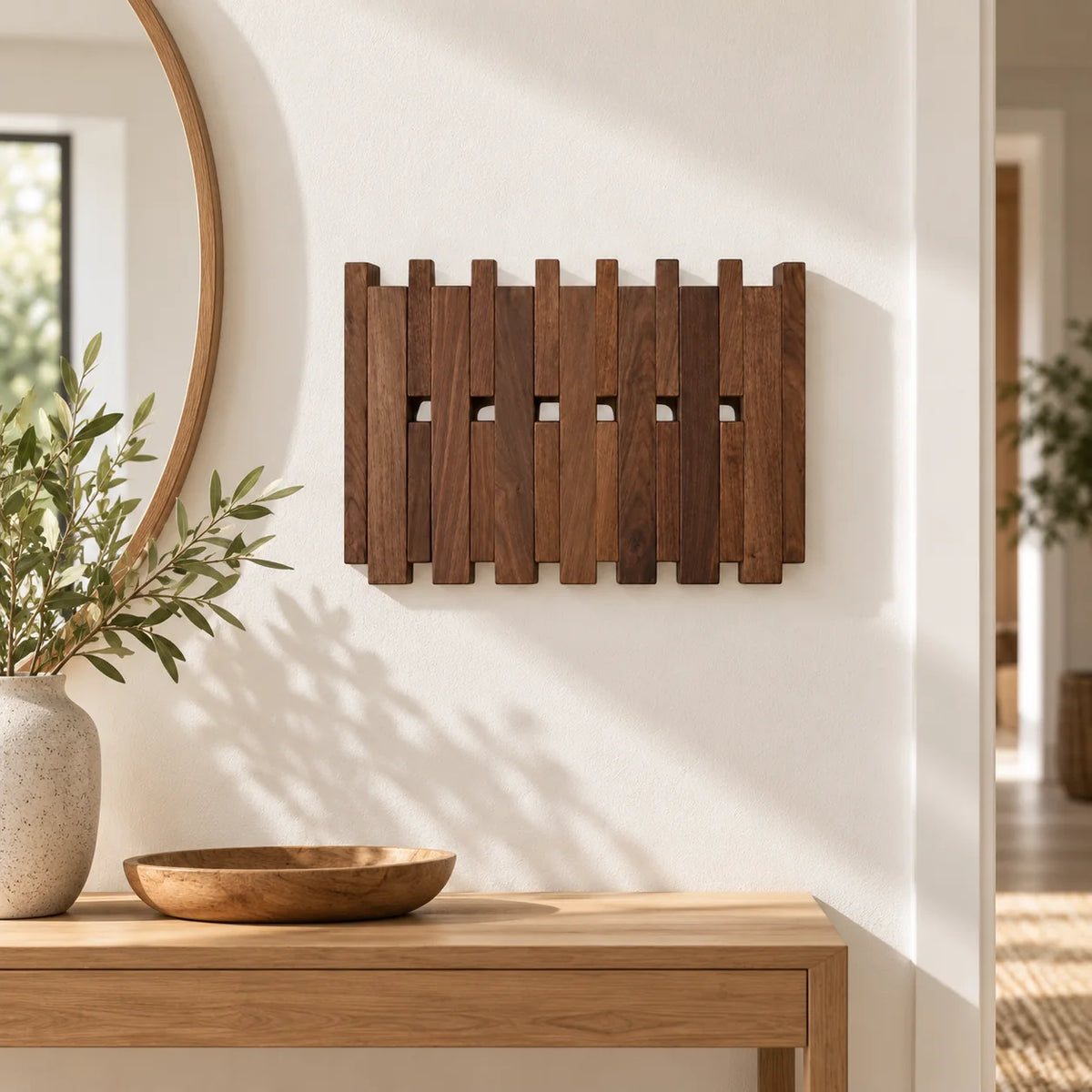 Porte-manteau mural carré en bois foncé de 42 cm installé au-dessus d’une console dans une entrée