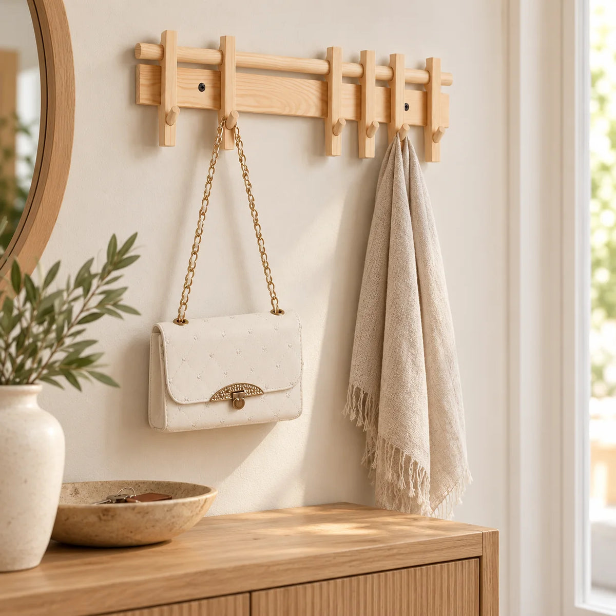 Porte-manteau mural en bois clair installé dans une entrée avec sac et écharpe