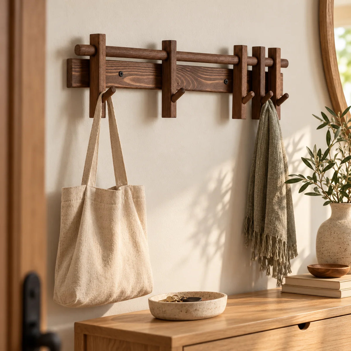 Porte-manteau mural en bois marron dans une entrée, avec sac et écharpe