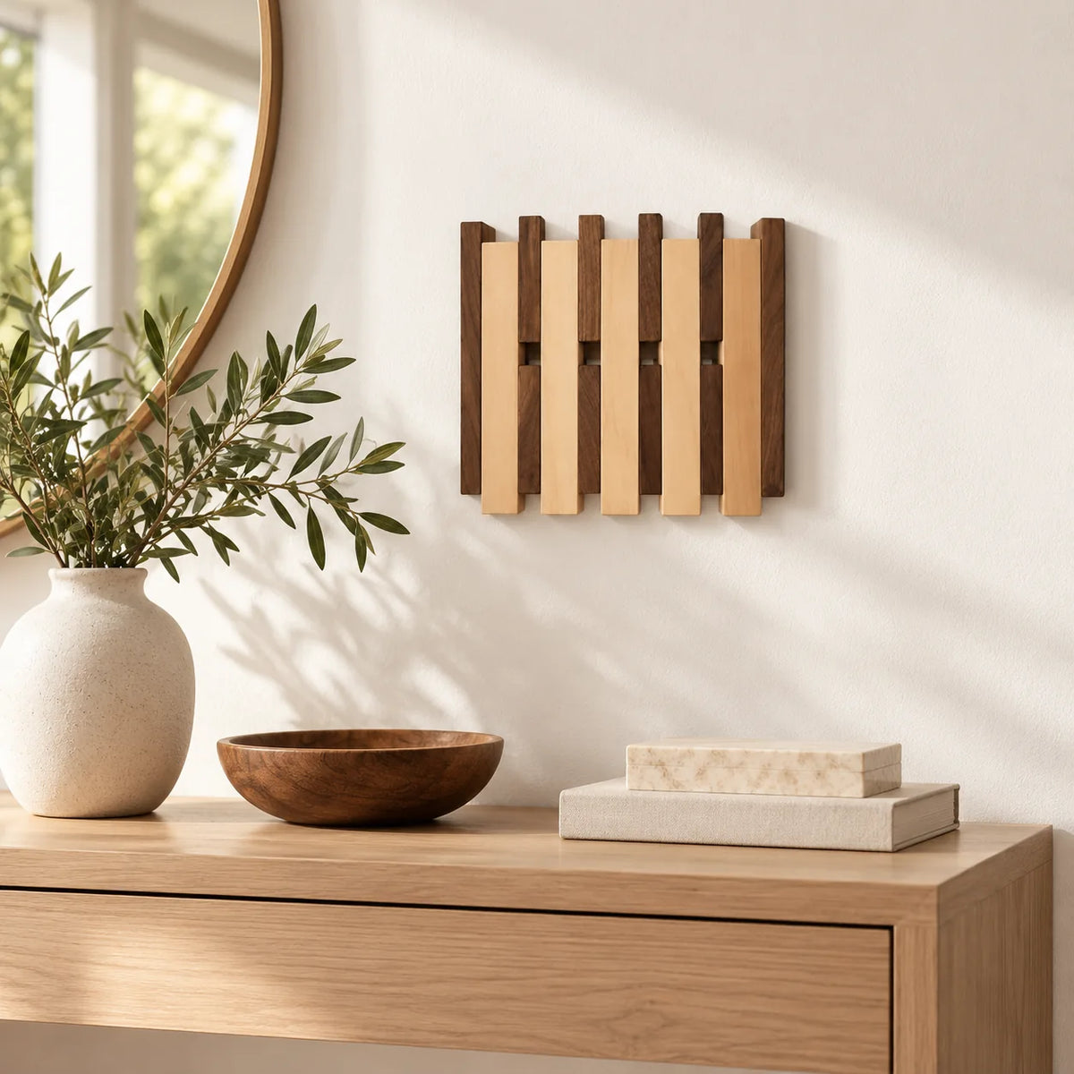 Petit porte-manteau mural bicolore de 31 cm fixé au-dessus d’une console dans une entrée