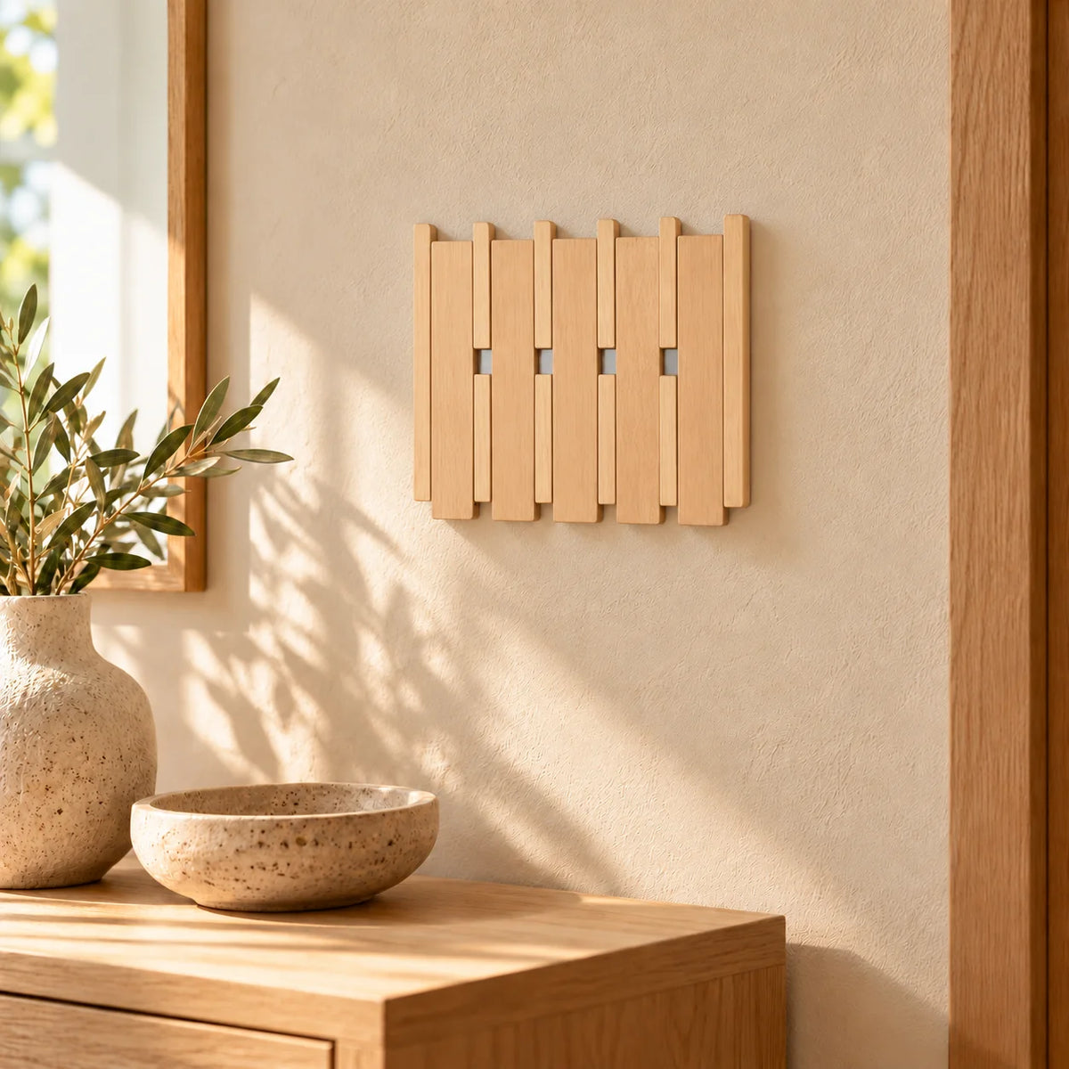 Petit porte-manteau mural carré en bois clair installé au-dessus d’une console dans une entrée Image