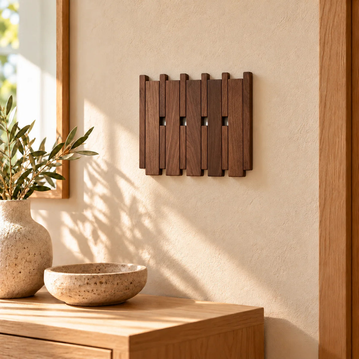 Petit porte-manteau mural carré en bois foncé installé dans une entrée lumineuse