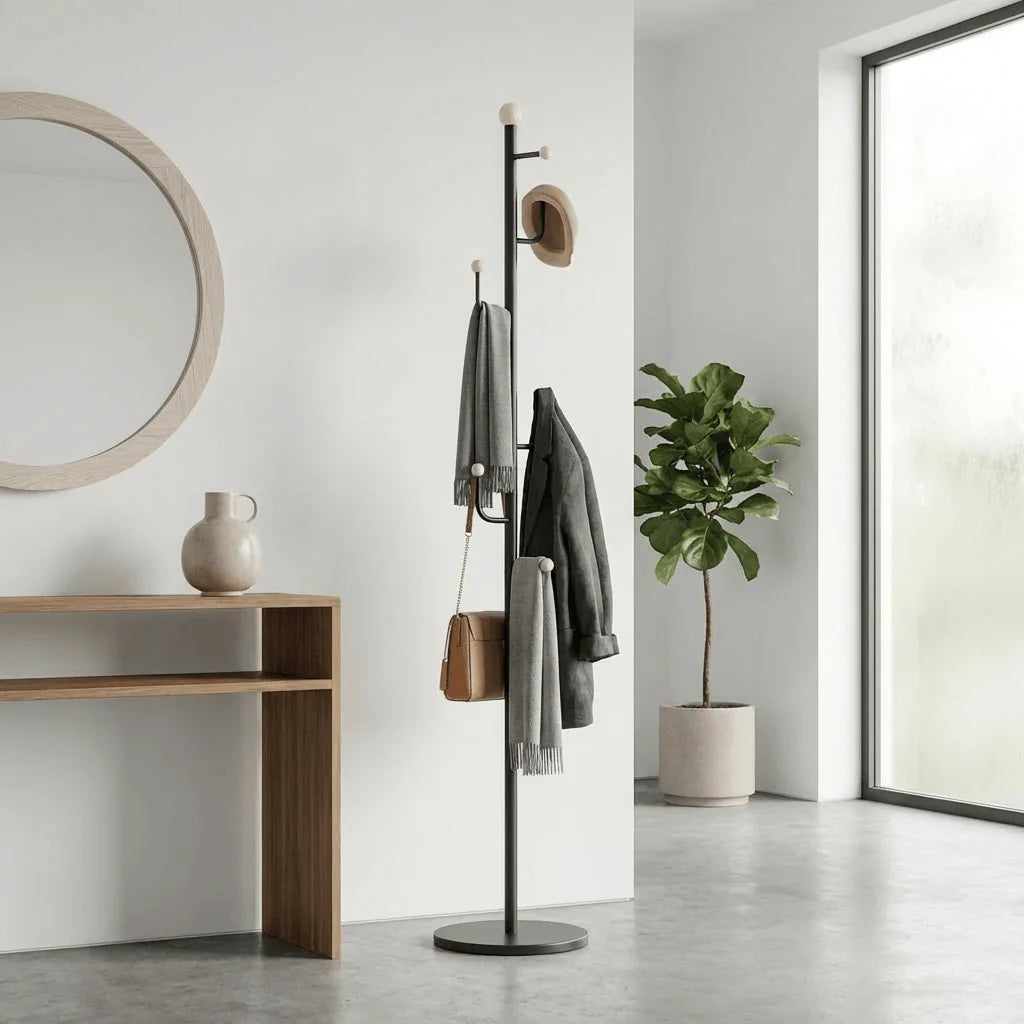 Porte-manteau noir à base ronde dans une entrée décorée avec vêtements