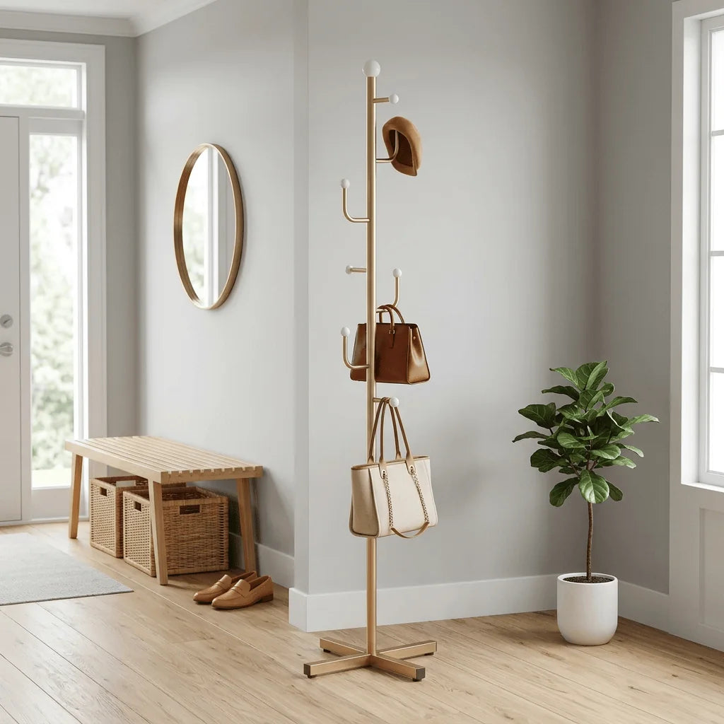 Porte-manteau doré à base croisée dans une entrée lumineuse avec sacs et chapeau Image