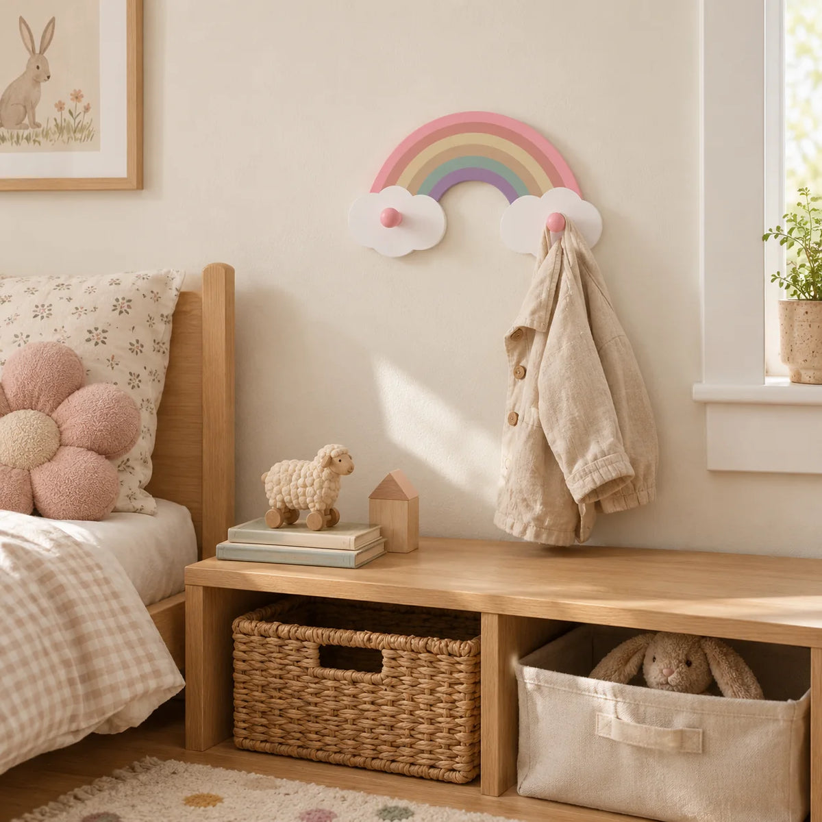 Patère arc-en-ciel rose fixée dans une chambre d'enfant avec veste suspendue