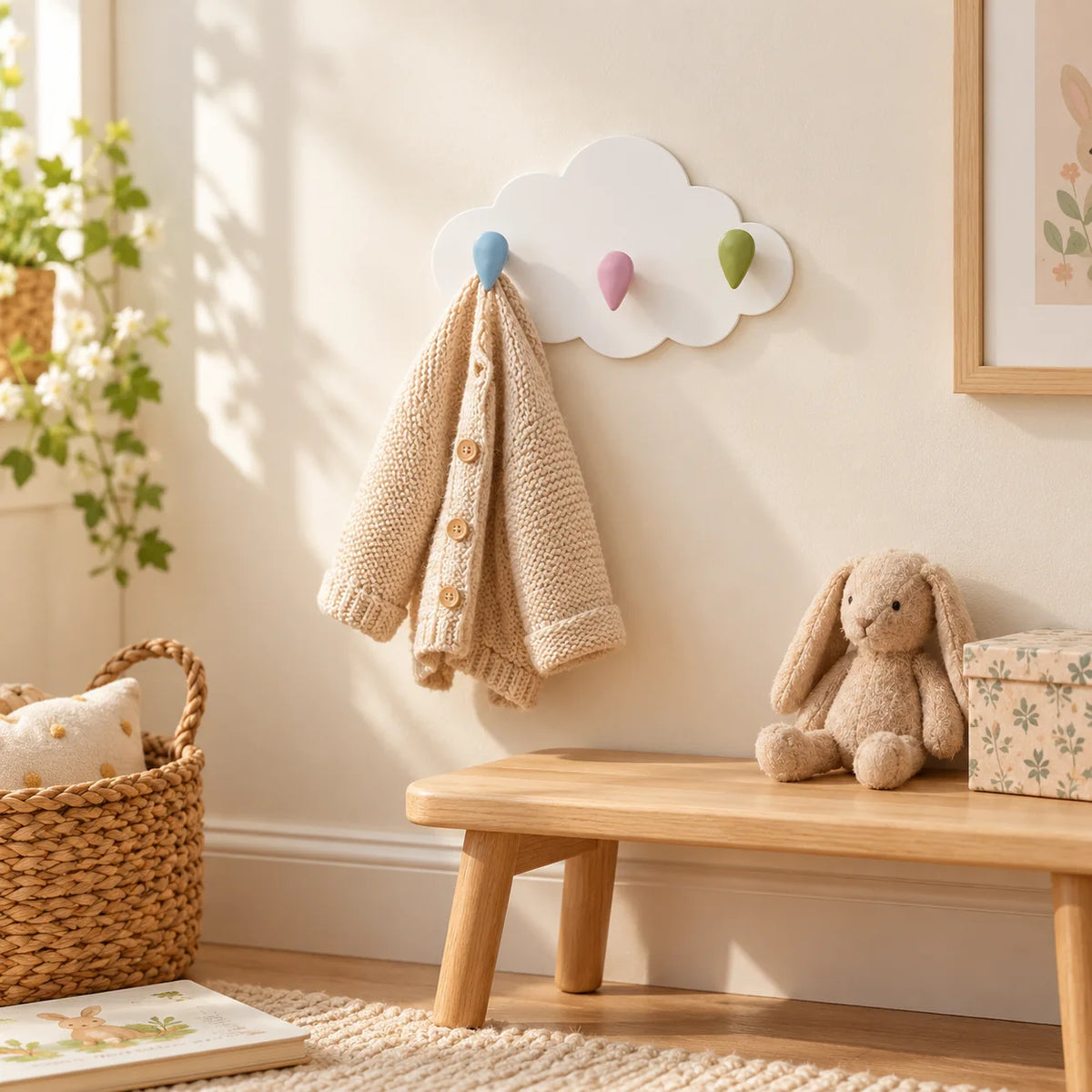 Porte-manteau enfant Nuage blanc de 23 cm dans une chambre, gilet suspendu à la patère bleue