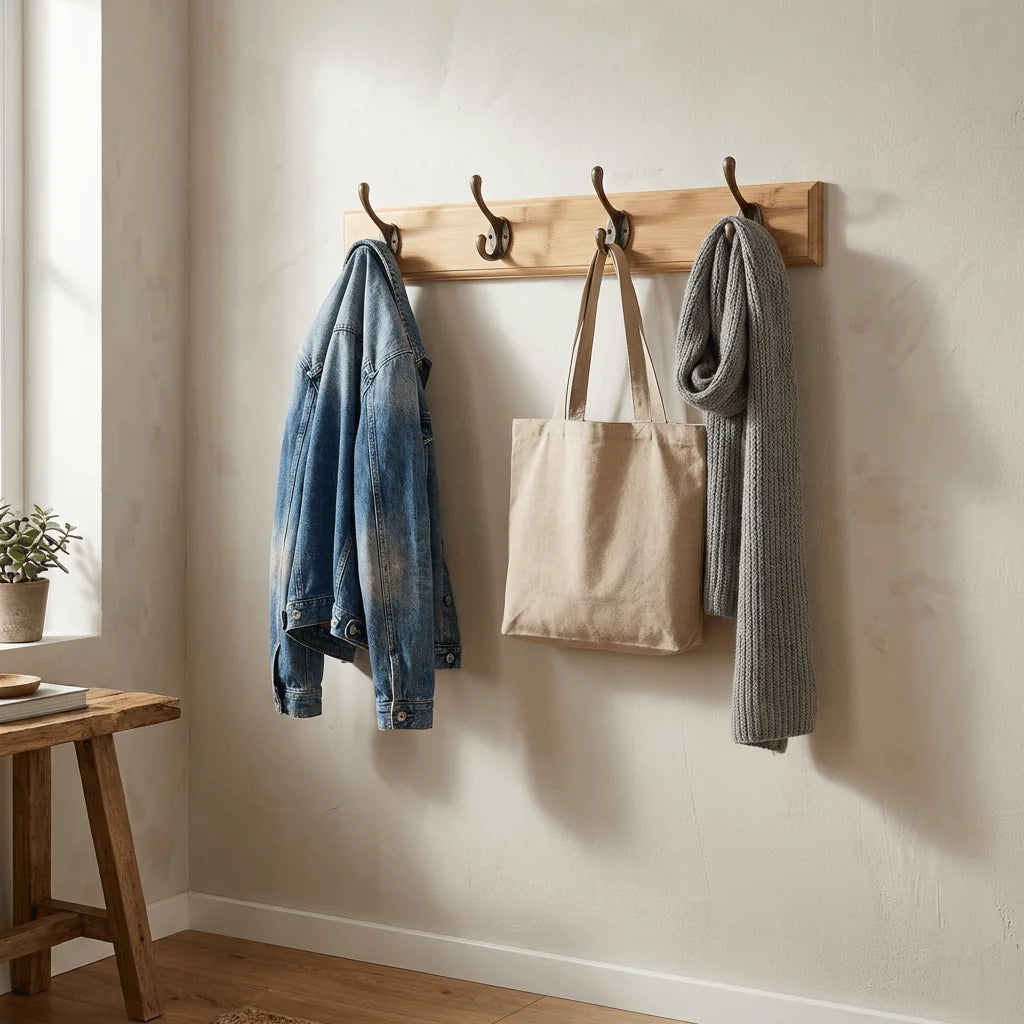 Patère en bois clair à quatre crochets dans une entrée avec veste et sac