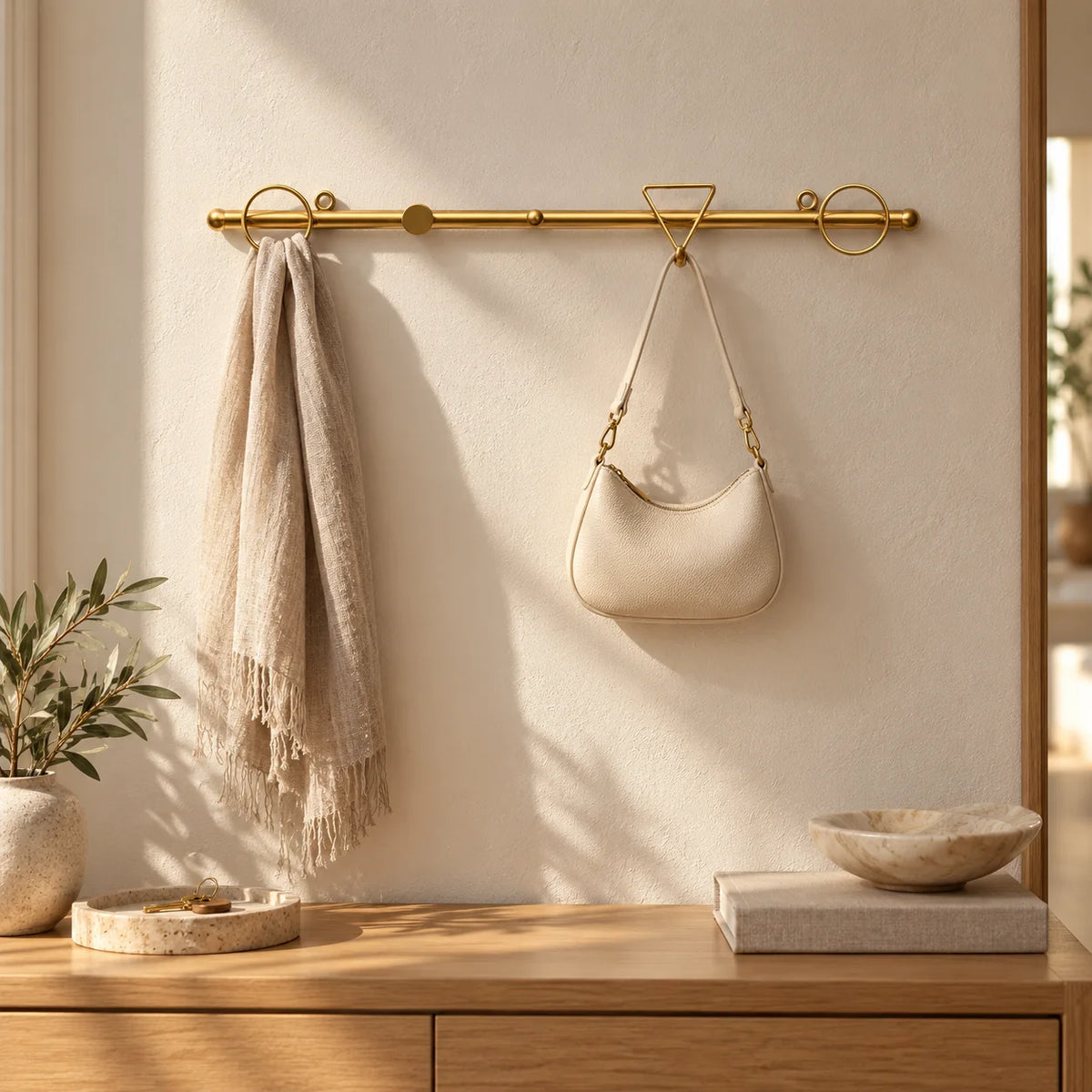 Porte-manteau I mural doré avec écharpe et sac dans une entrée