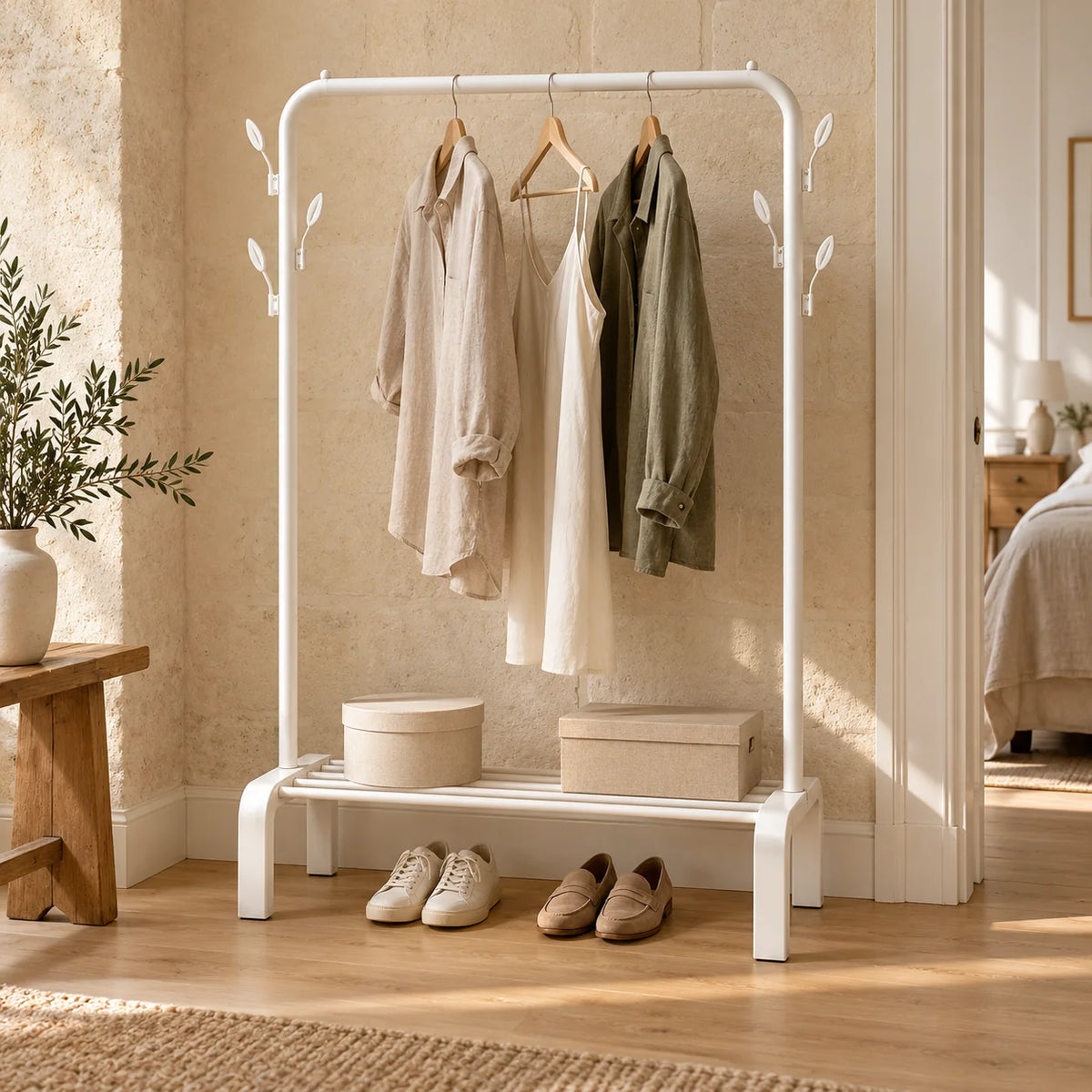 Portant dressing blanc à barre ronde dans une pièce lumineuse, avec vêtements et rangements